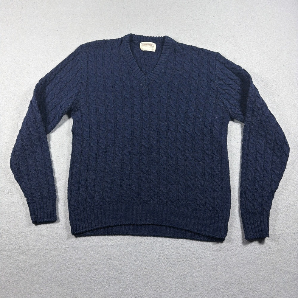 Vintage Lord Jeff Sweater Men Large Cable‎ Knit Blue V Neck Orlon Acrylic USA